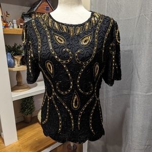 Vintage Silk and Gold Bead Maximalist Statement Blouse Size Small